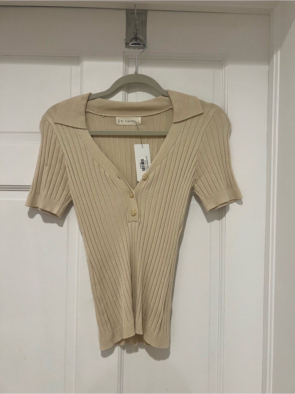 NWT By Together Beige Ribbed Polo Short Sleeve Top